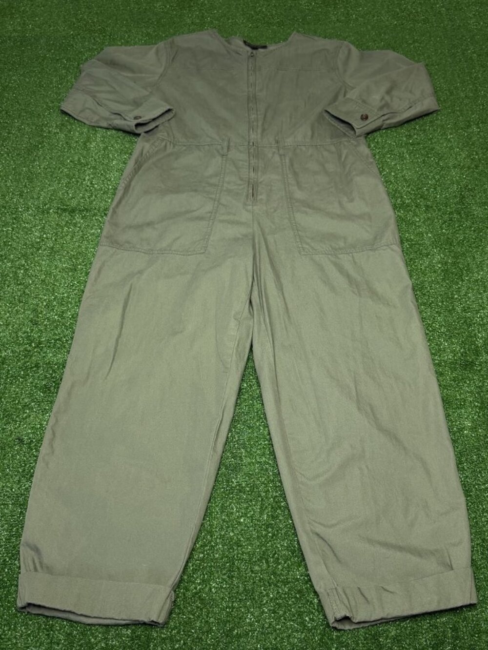 Banana Republic Petite 10 Olive Green Flight Suit Jumpsuit Utility Organic Cotto